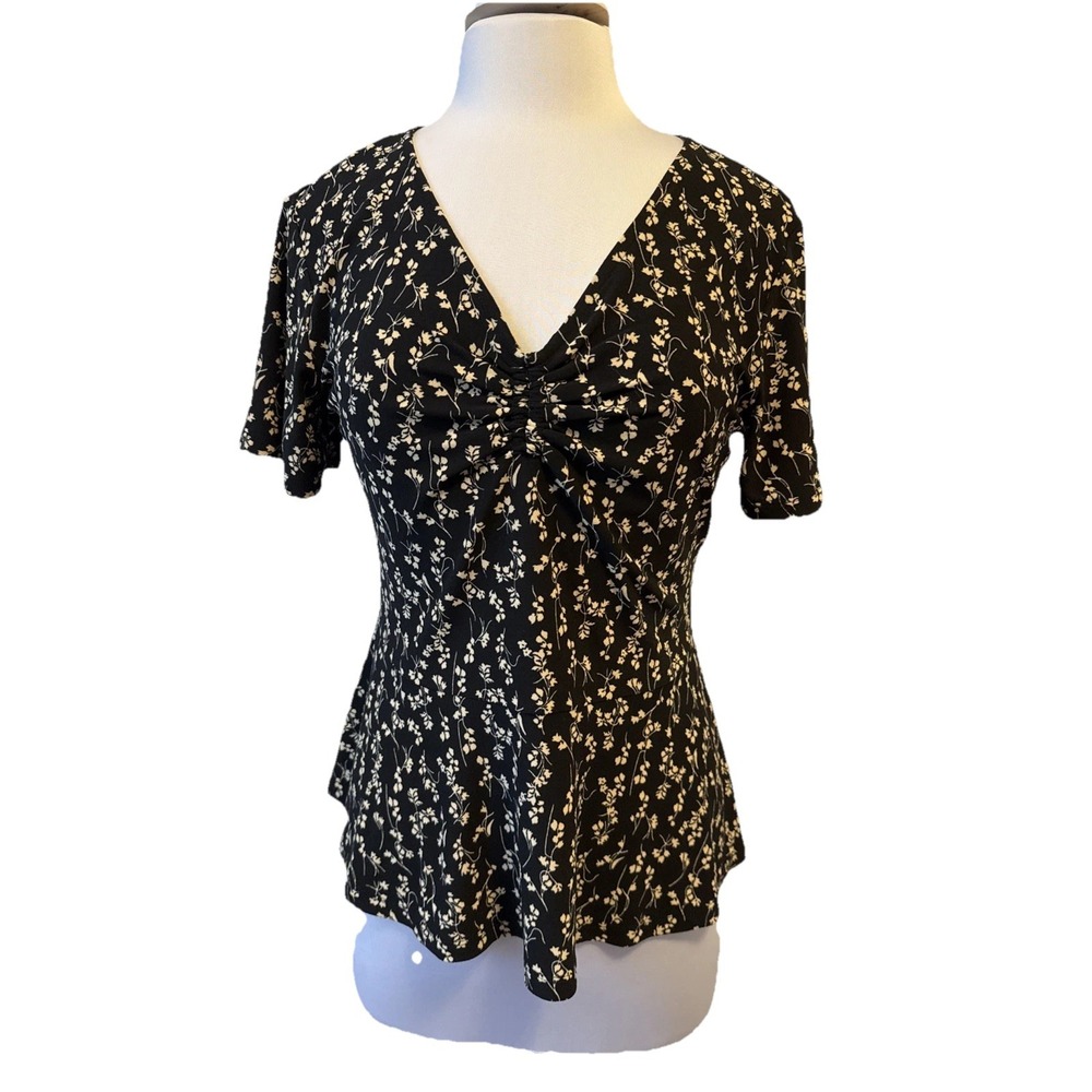 Halogen Cinch Front Ditsy Floral Peplum‎ Blouse Womens XS Whimsigoth Boho Office